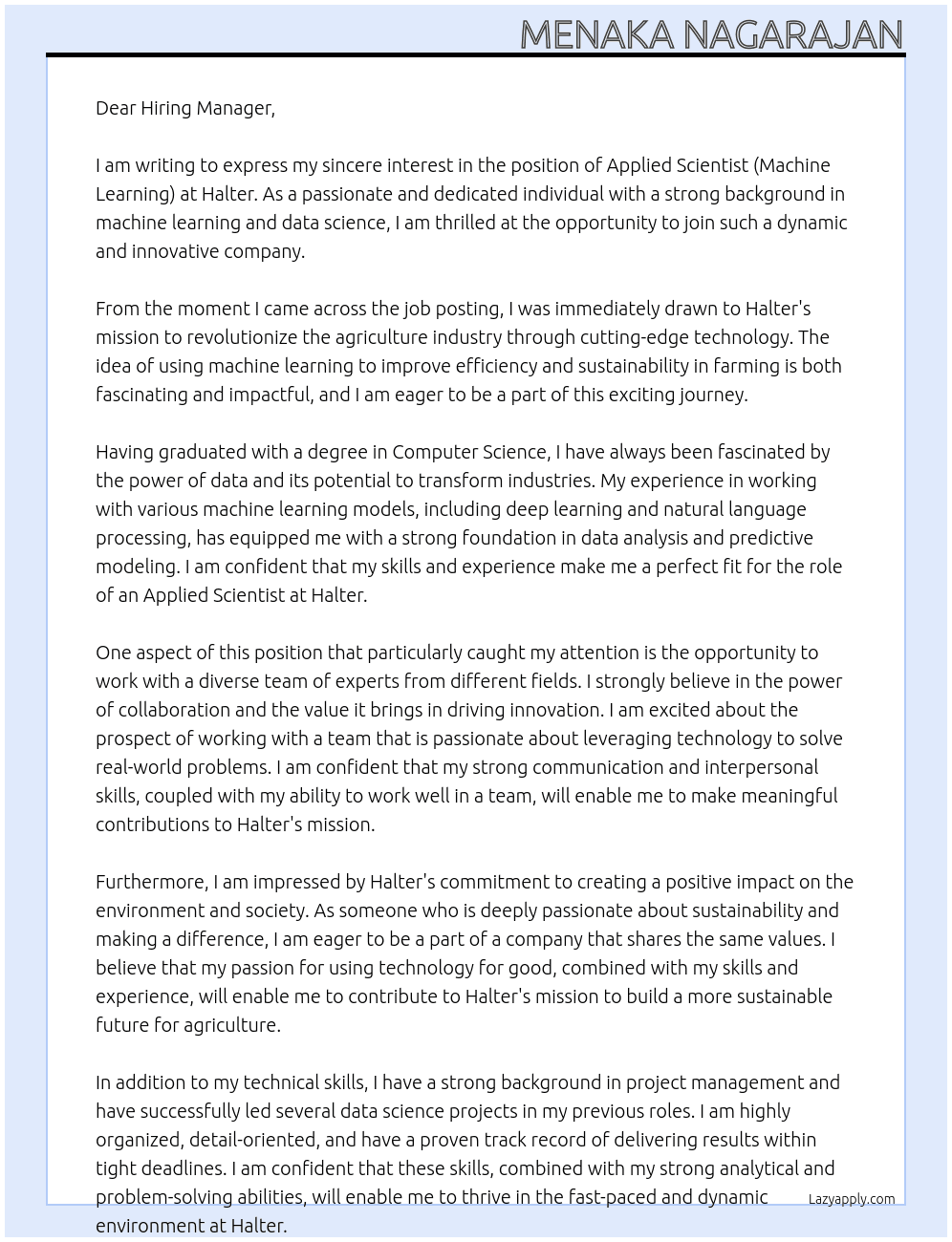 Applied Scientist (Machine Learning) At Halter Cover Letter
