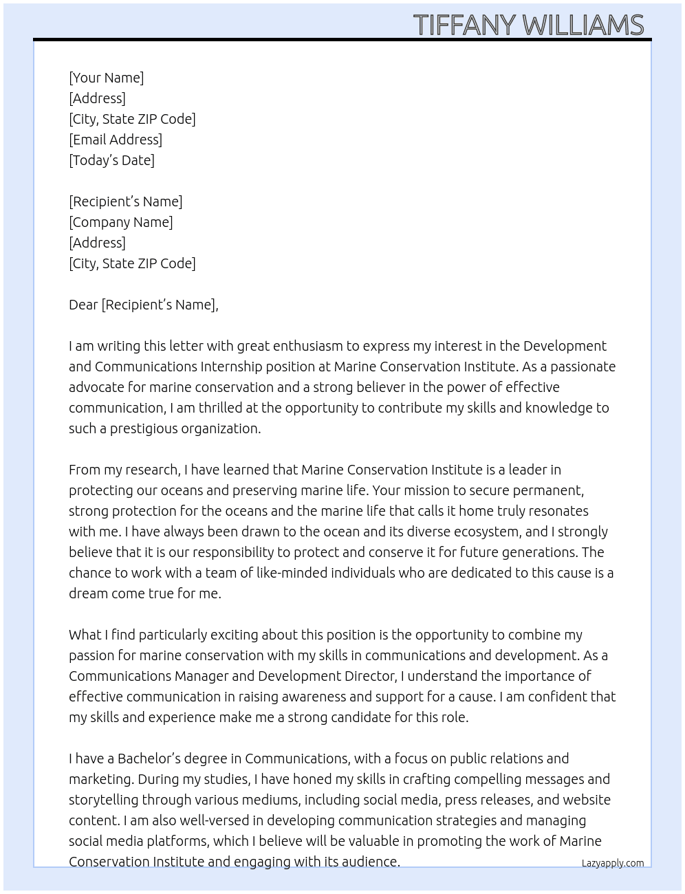 Development and Communications Internship At Marine Conservation Institute Cover Letter
