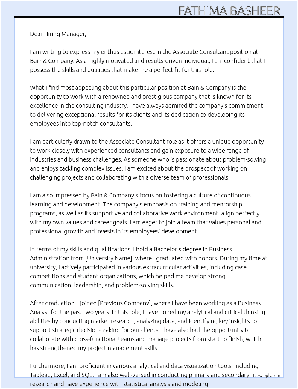 Associate consultant  At Bain & Company  Cover Letter