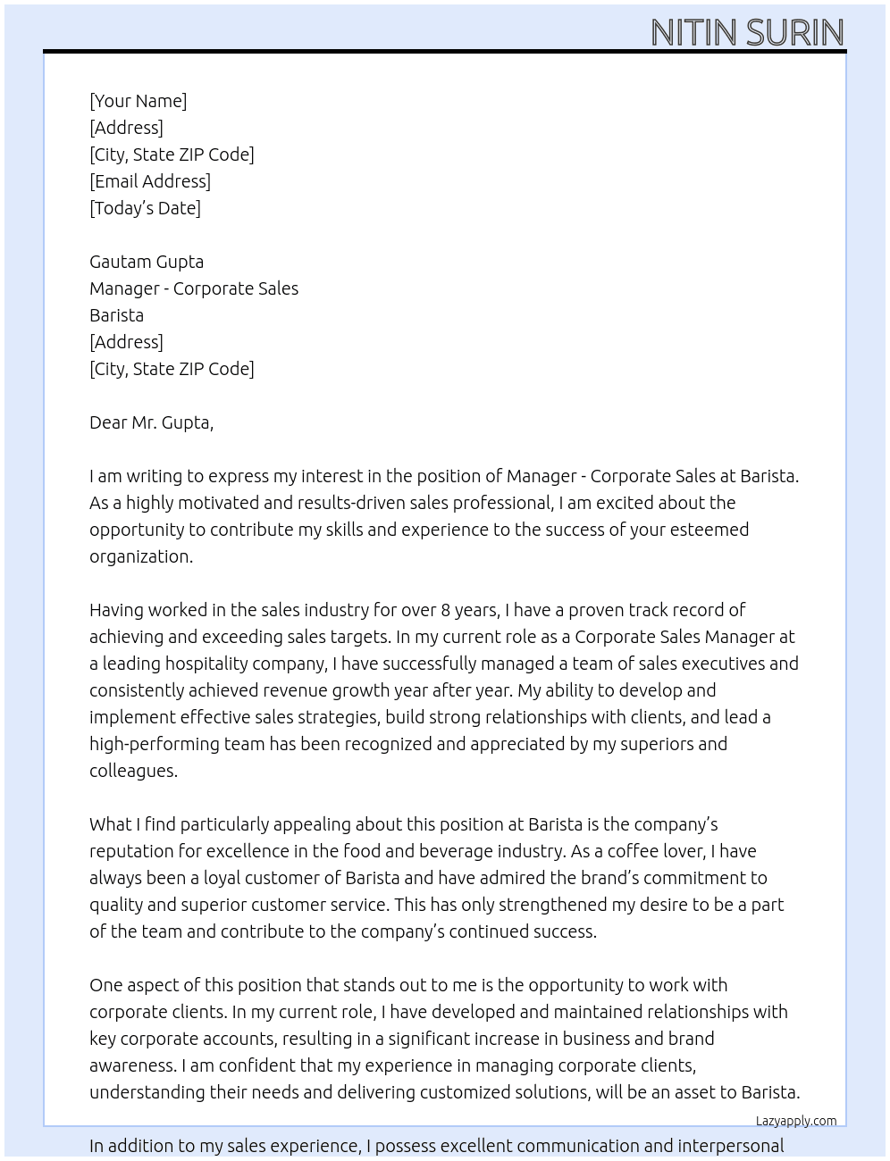 Manager - Corporate Sales At Barista Cover Letter
