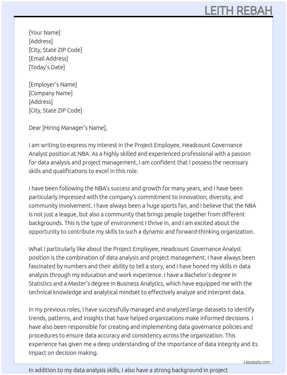 Project Employee, Headcount Governance Analyst  At NBA Cover Letter