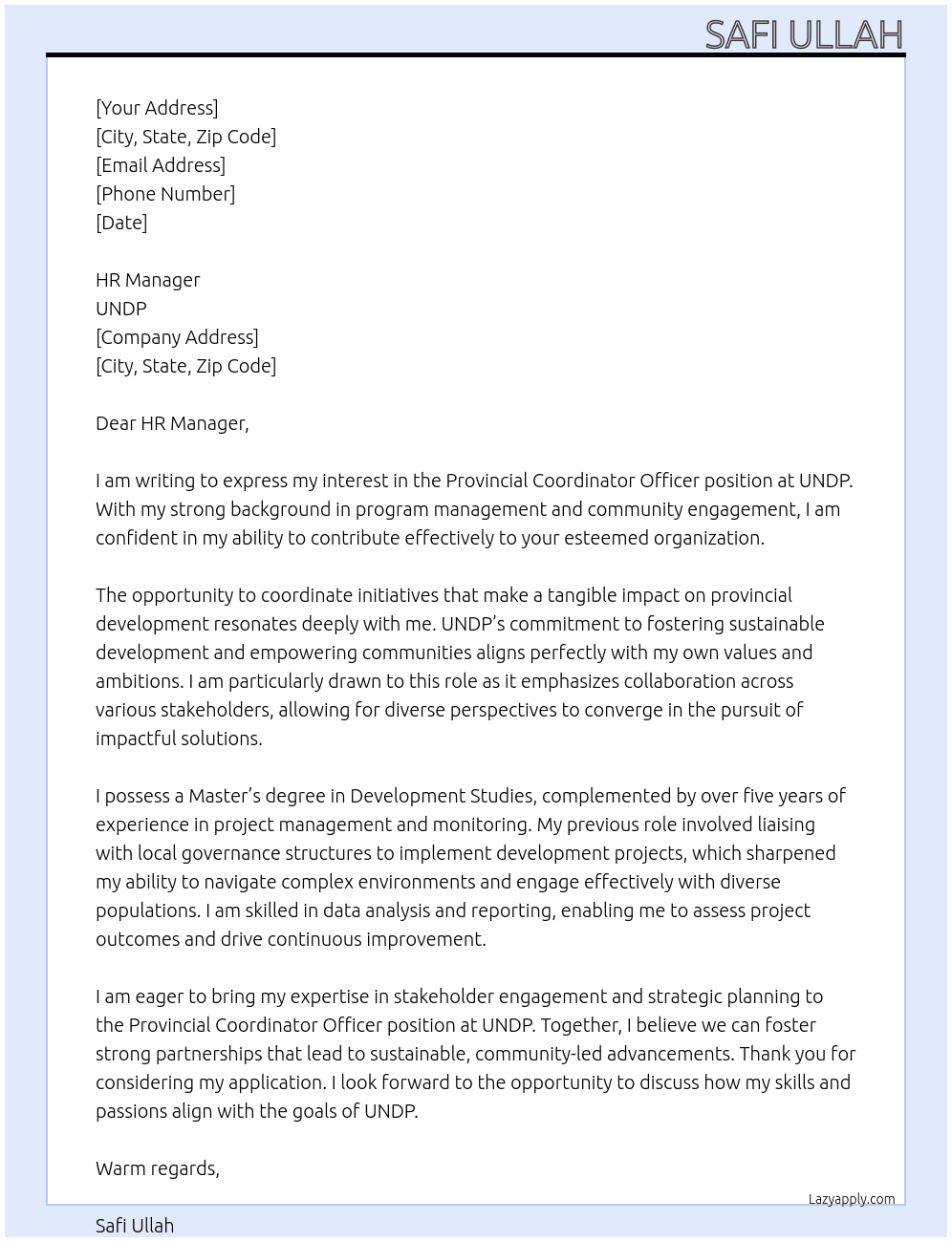 Cover letter for provincial coordinater officer - LazyApply