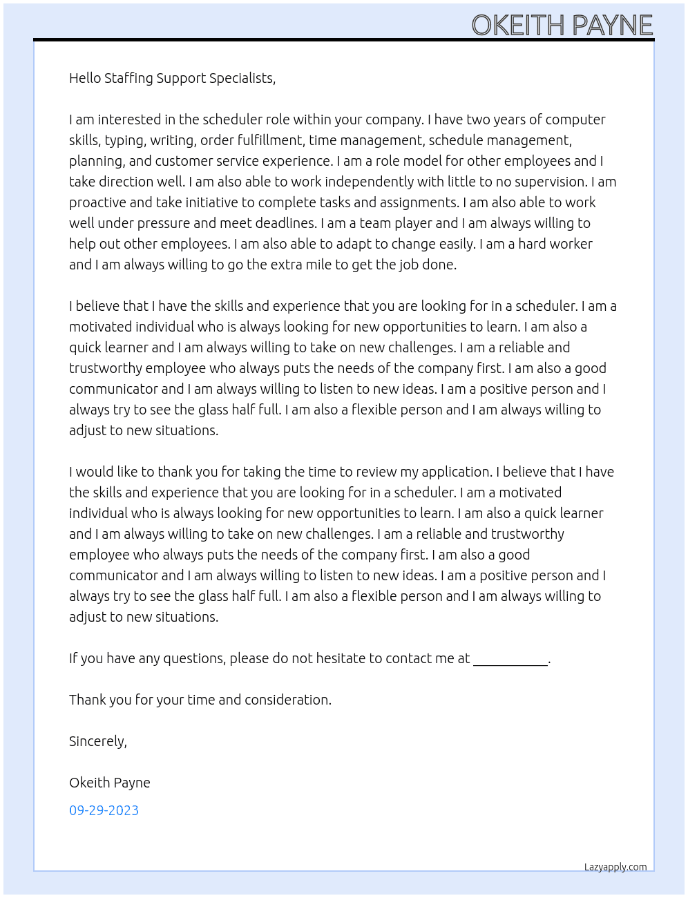 Scheduler At Desired company Cover Letter