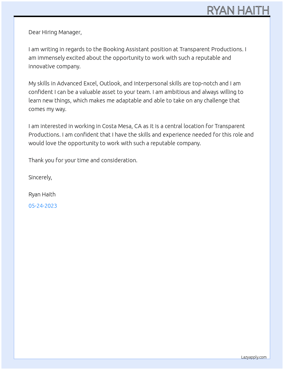 Booking Assistant At Transparent Productions Cover Letter