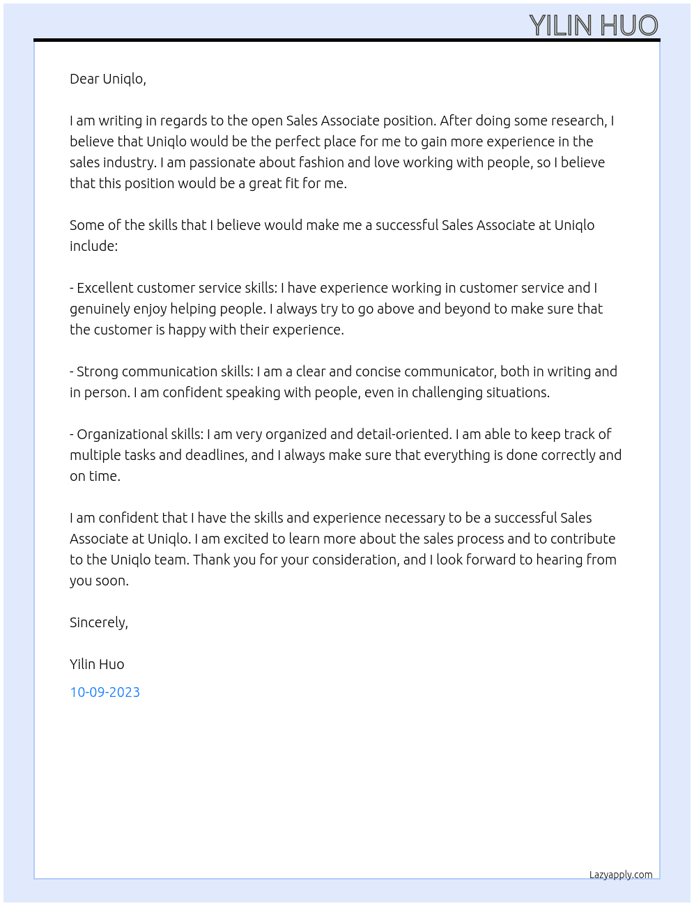 sales associate At Uniqlo Cover Letter