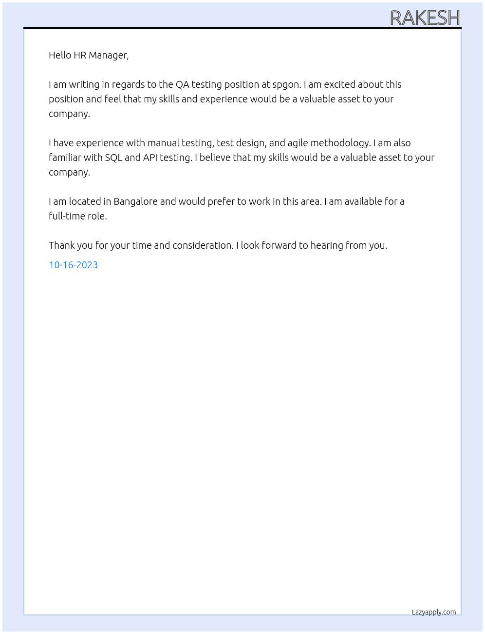 QA testing At spgon Cover Letter
