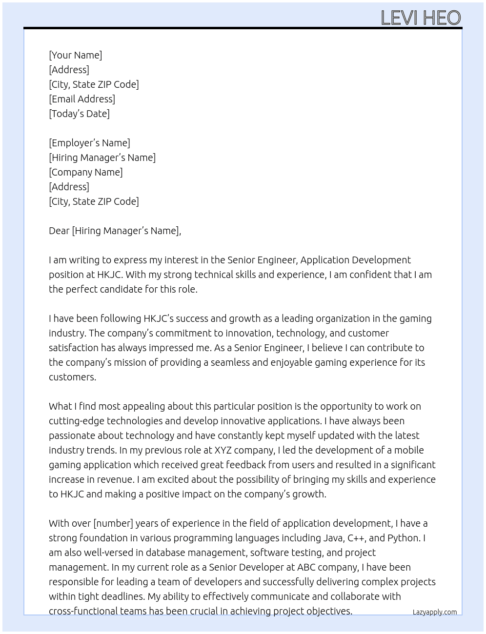 Senior Engineer, Application Development At HKJC Cover Letter