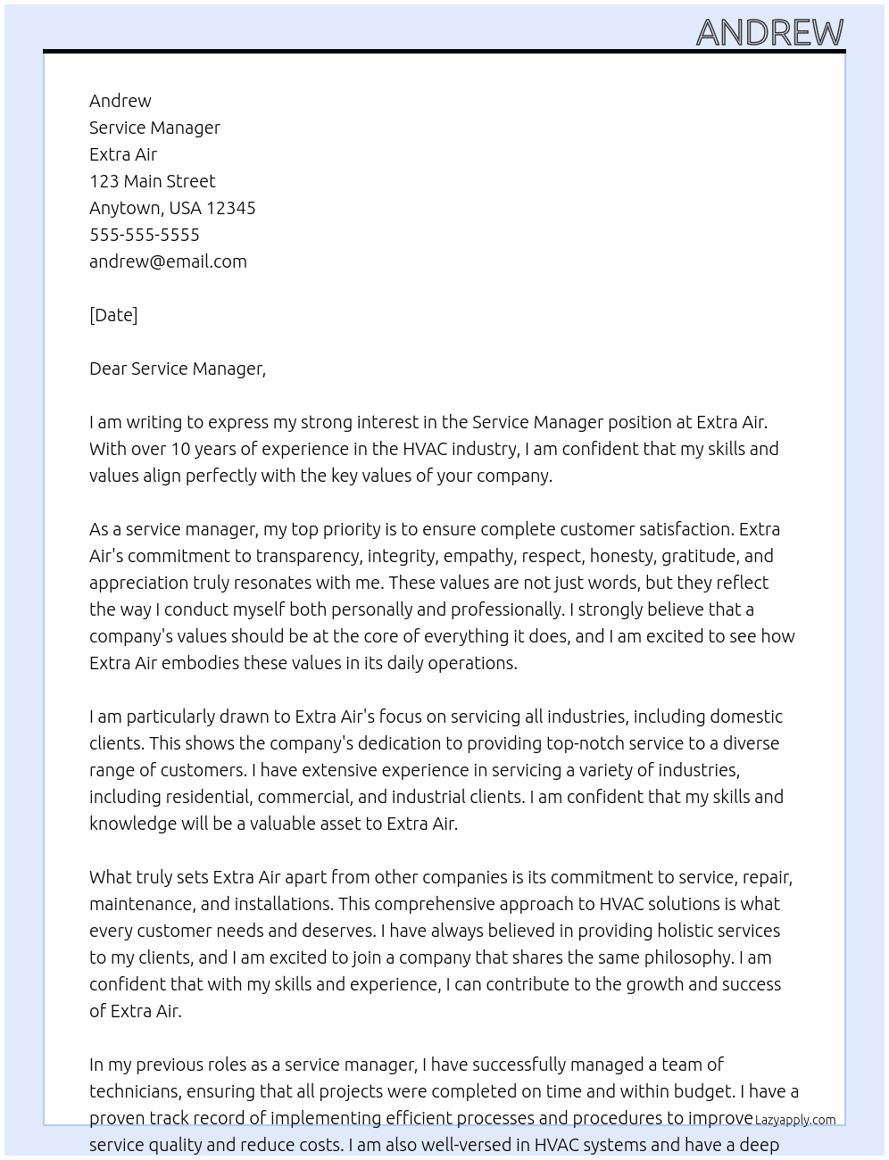 Service Manager  At Extra Air Cover Letter