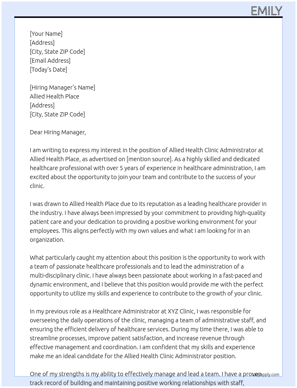 Allied Health Clinic Administrator At Allied Health Place Cover Letter
