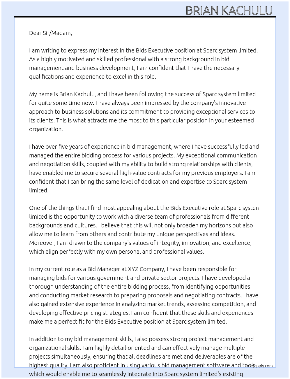 Bids Executive At Sparc system limited  Cover Letter