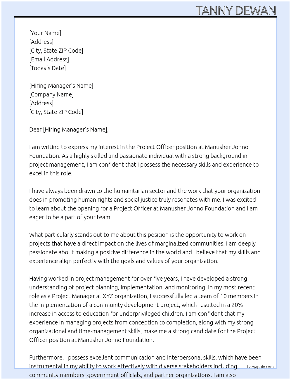 Project officer At Manusher Jonno Foundation Cover Letter