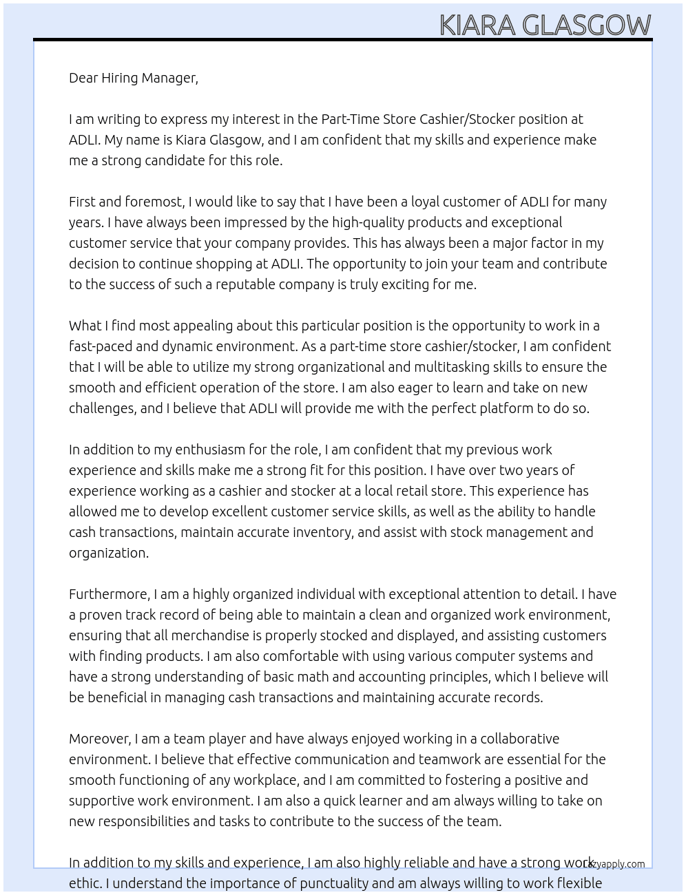 Part-Time Store Cashier/Stocker At ADLI Cover Letter