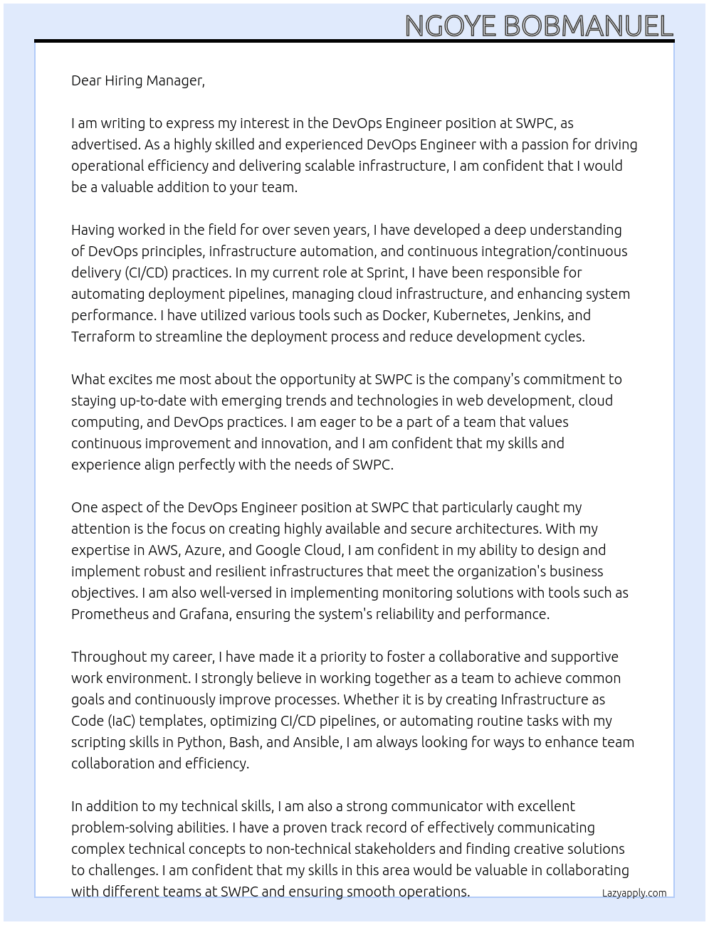 Devops Engineer At SWPC Cover Letter