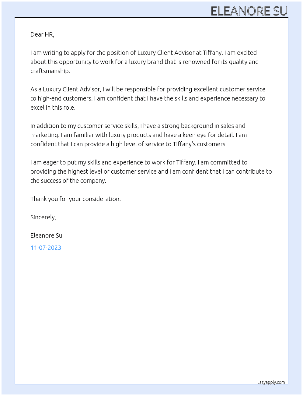 Luxury Client Advisor  At Tiffany Cover Letter