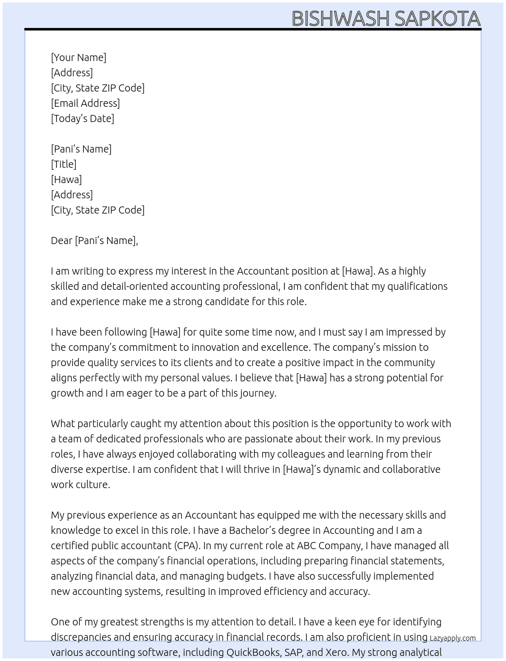 Accountant At hawa Cover Letter