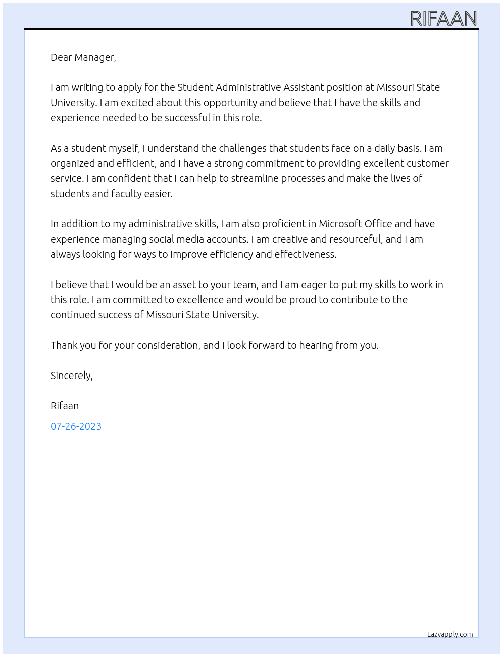 Student administrativeative assistant  At Missouri state university  Cover Letter