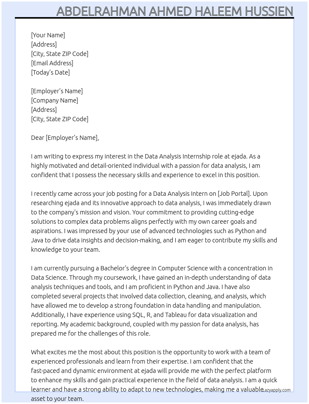 Data analysis  At ejada Cover Letter