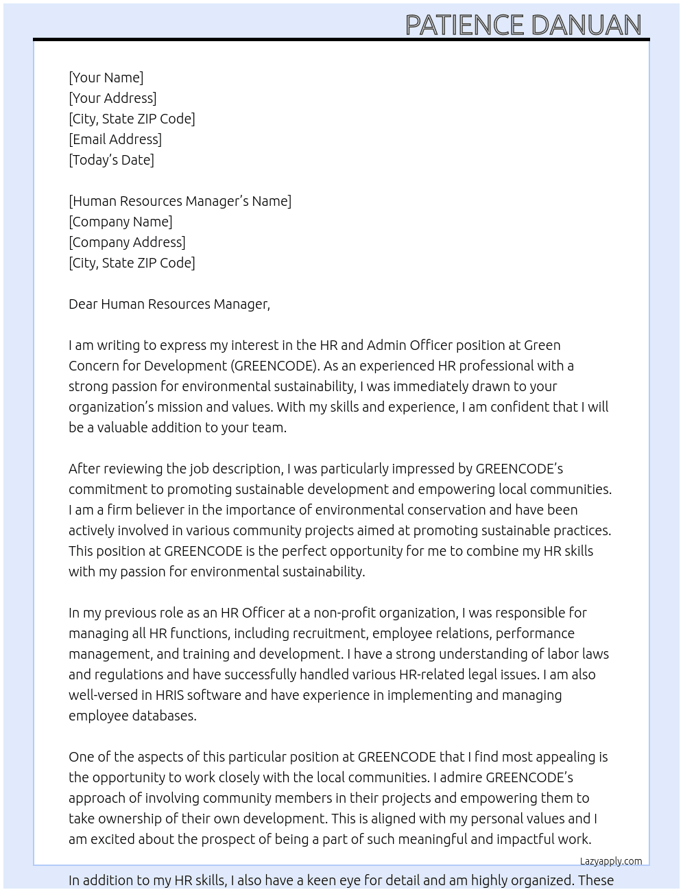 HR and Admin officer  At Green Concern for Development (GREENCODE) Cover Letter