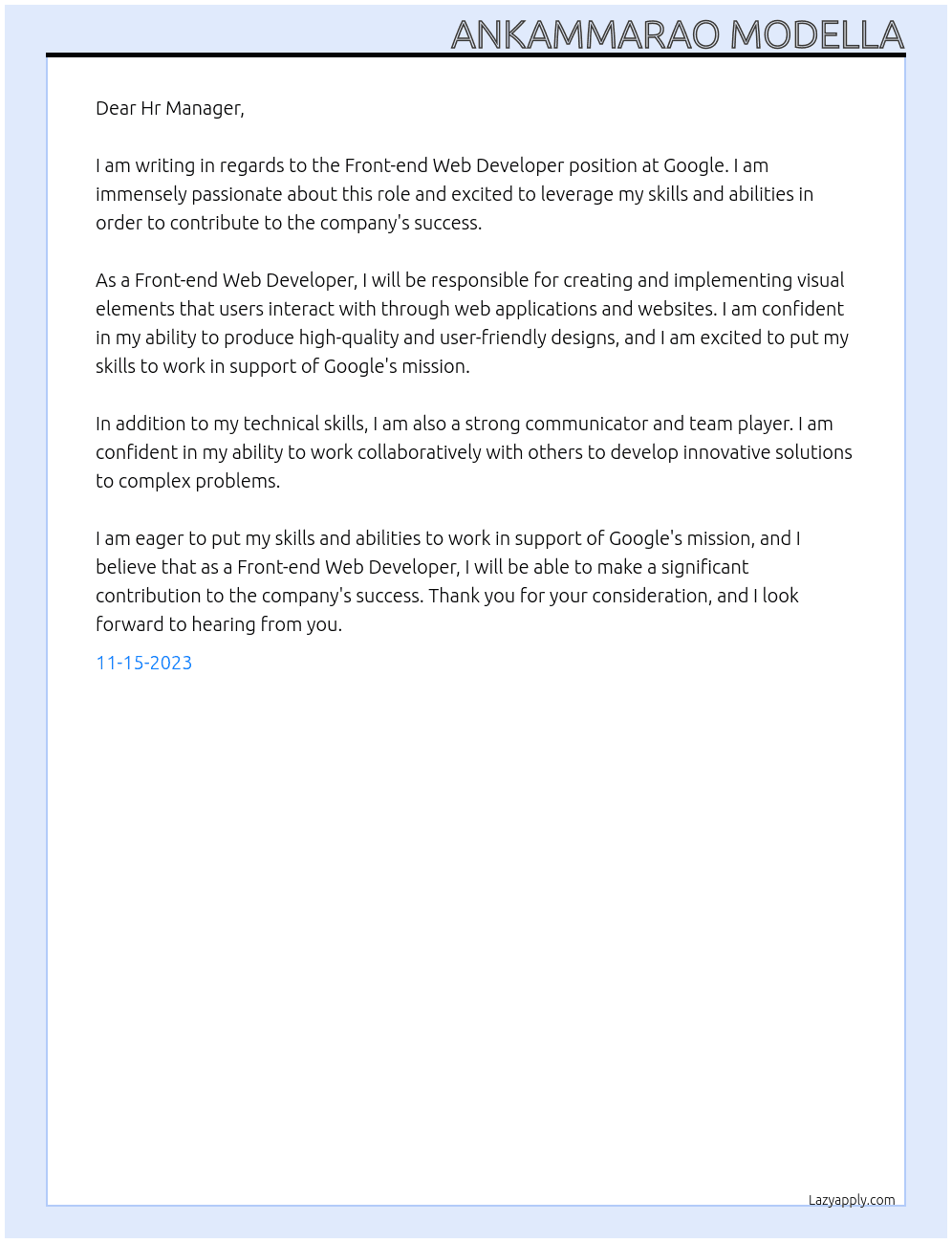 Front-end Web Developer  At Google  Cover Letter