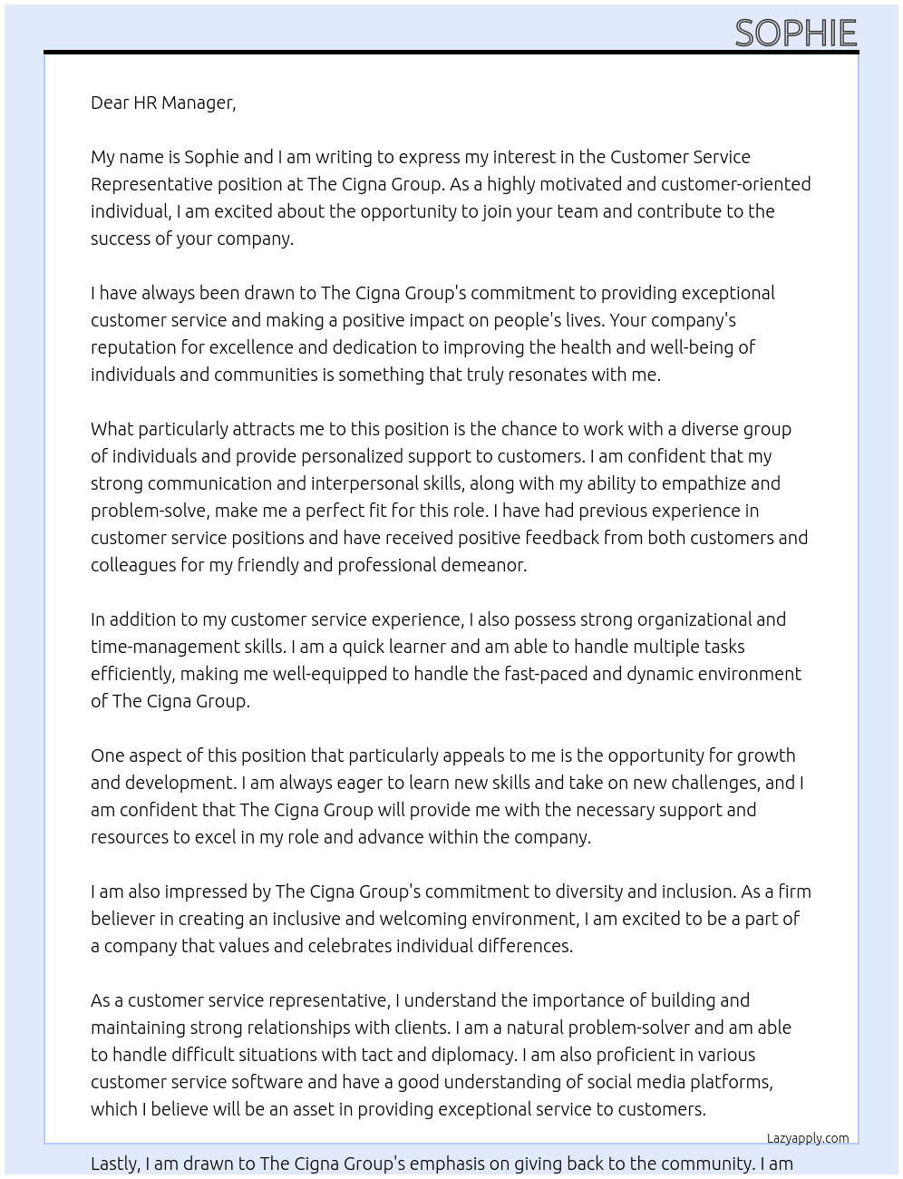 Customer service representative  At The Cigna group  Cover Letter