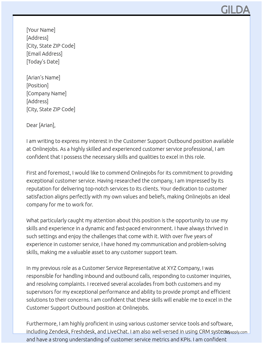Customer Support Outbound  At Onlinejobs Cover Letter