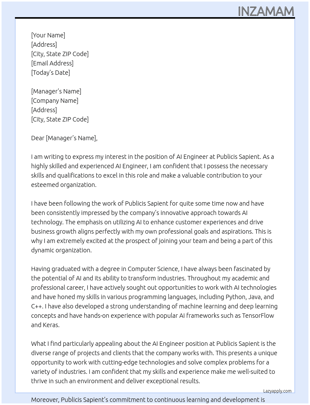 AI engineer At publicis sapient Cover Letter