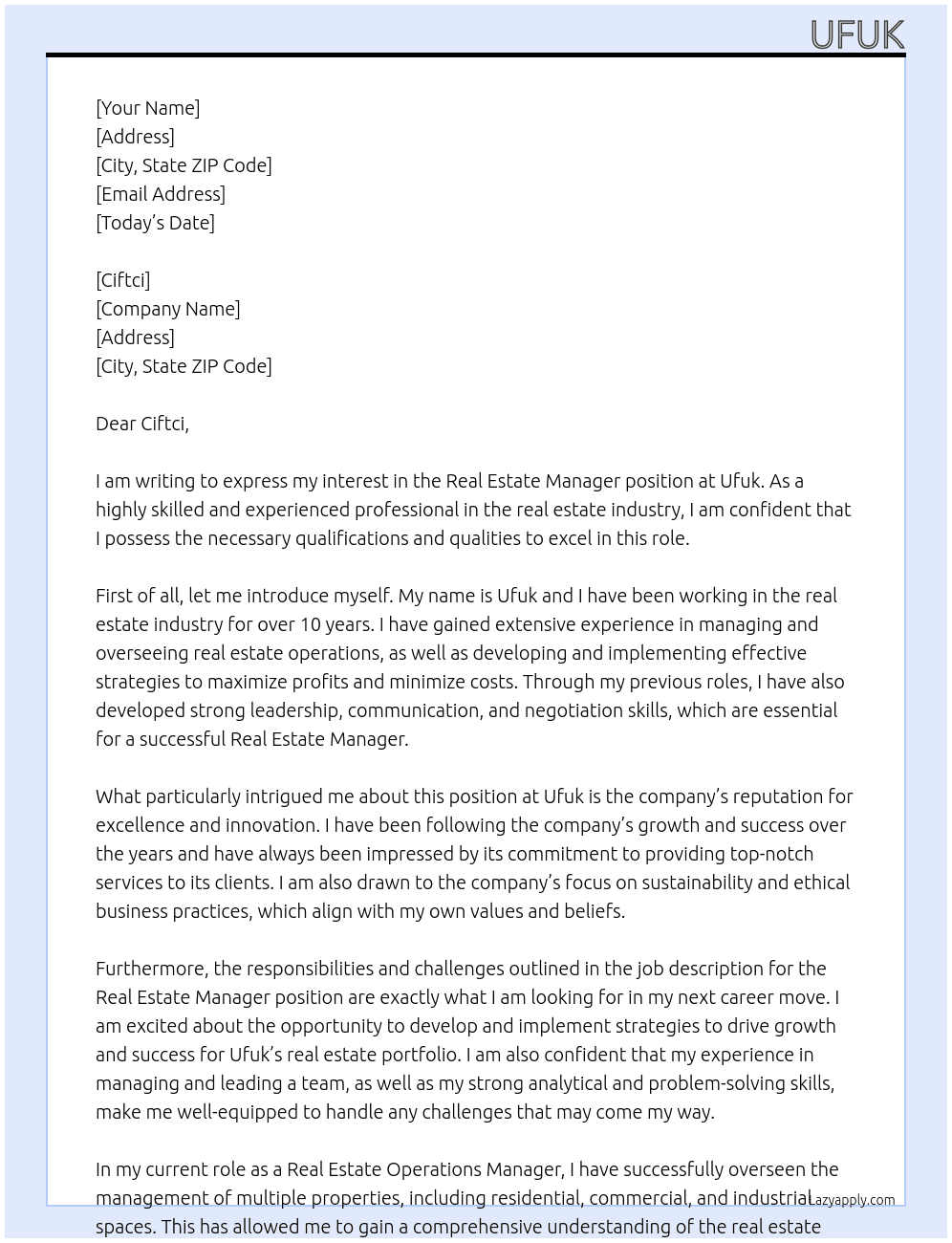 Real Estate Manager At Ufuk Cover Letter