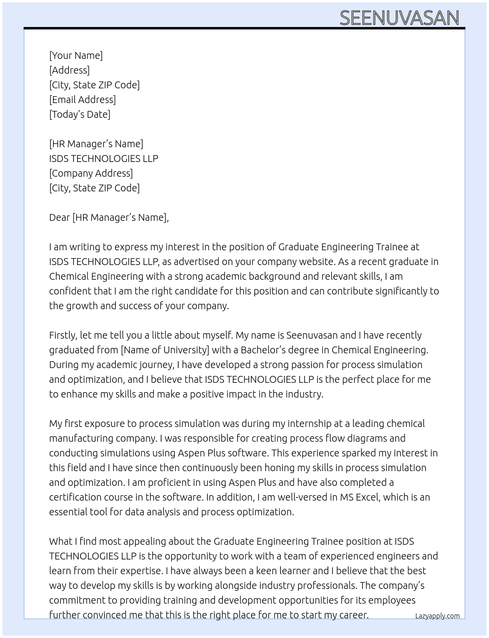 Graduate engineering trainee  At ISDS TECHNOLOGIES LLP Cover Letter