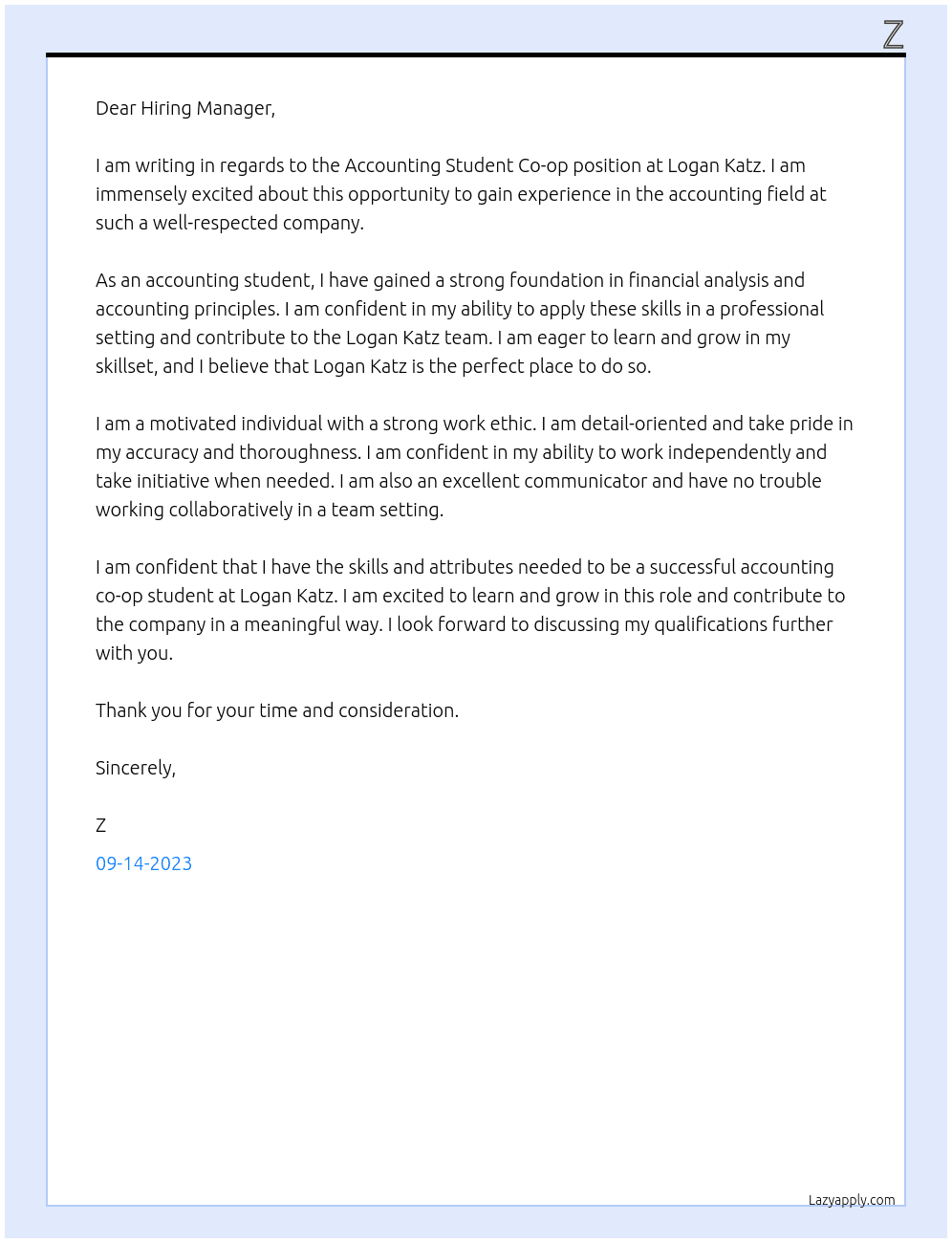 Accounting Student Co-op At Logan Katz Cover Letter