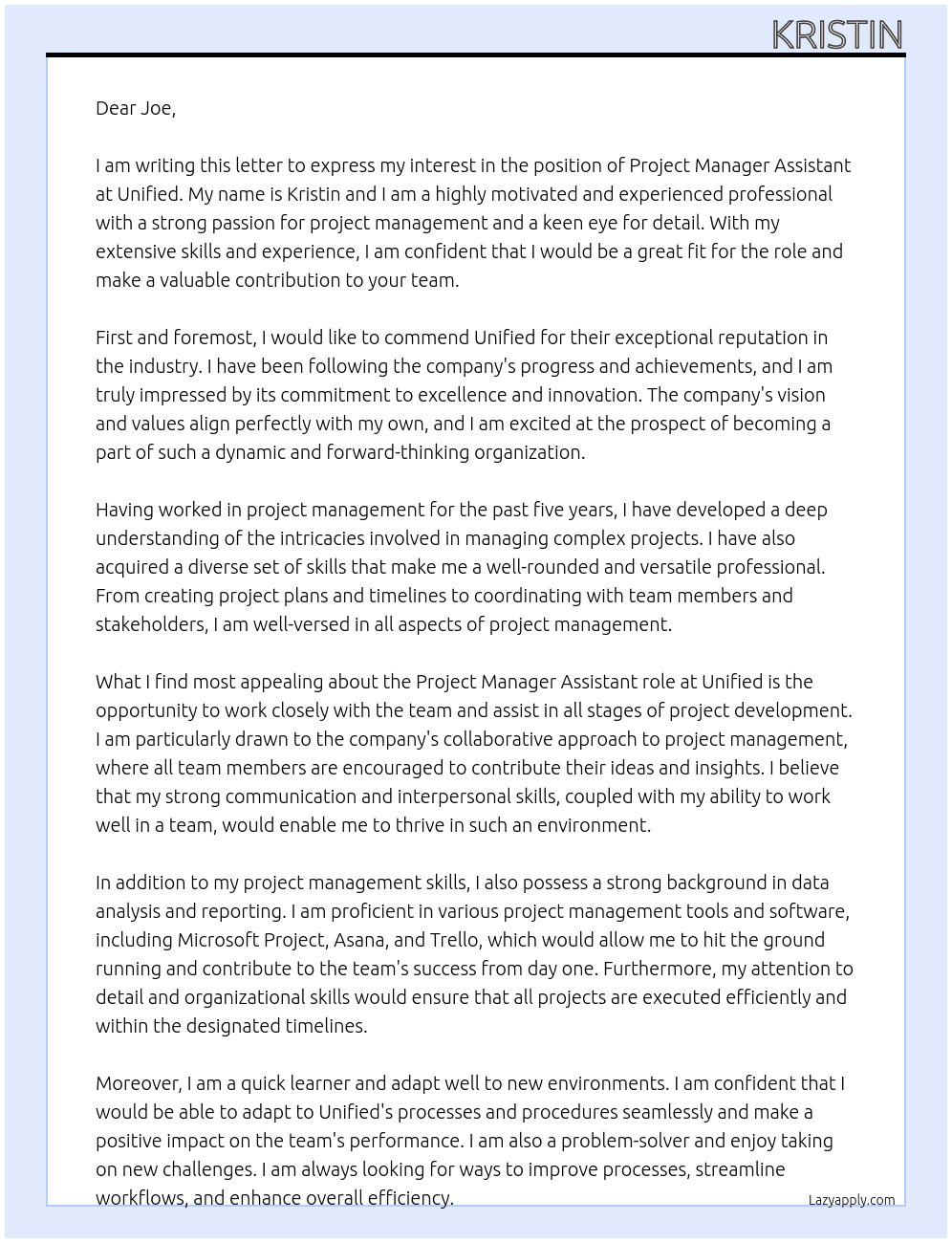 Project Manager Assistant At Unified  Cover Letter