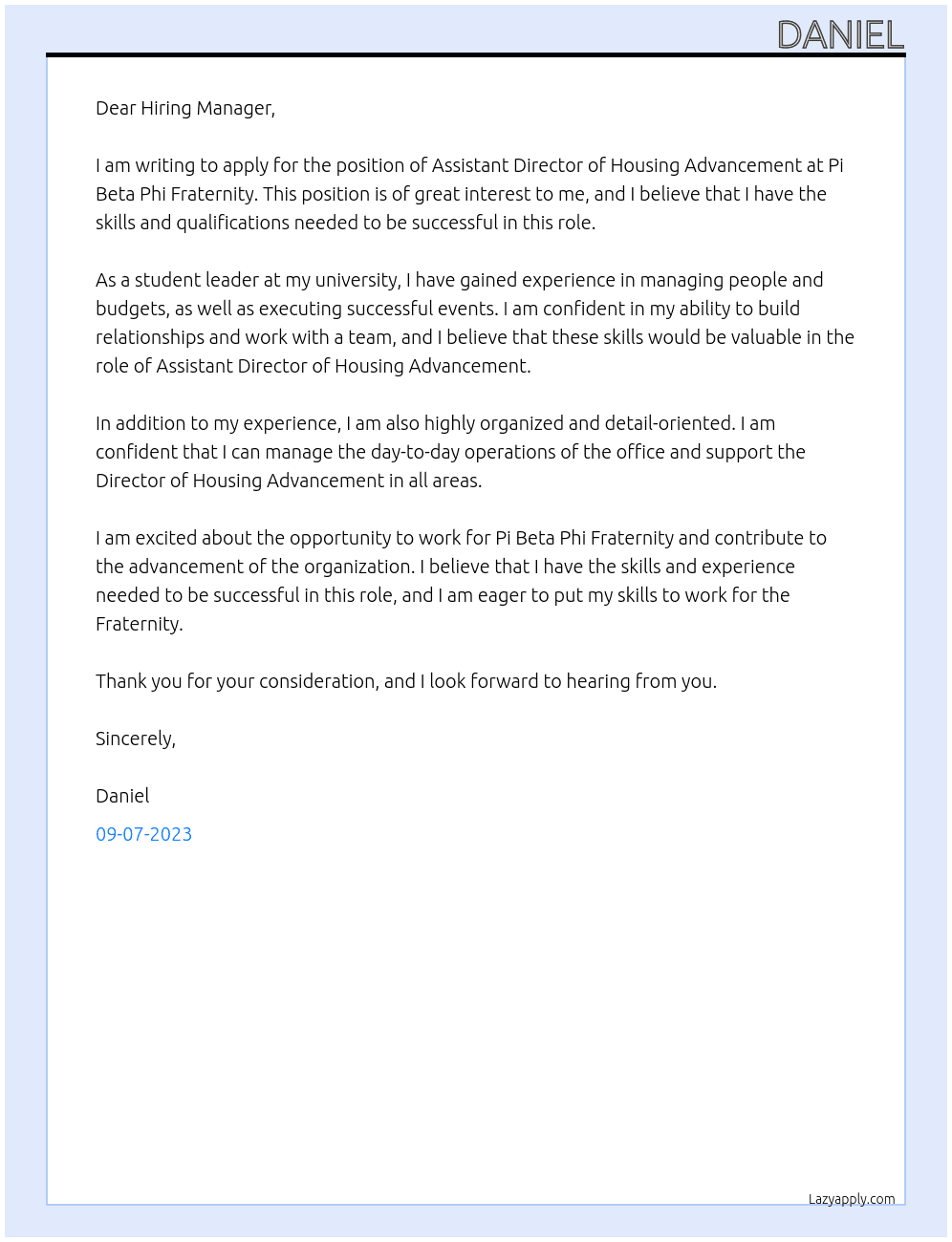 Assistant Director of Housing Advancement At Pi Beta Phi Fraternity Cover Letter