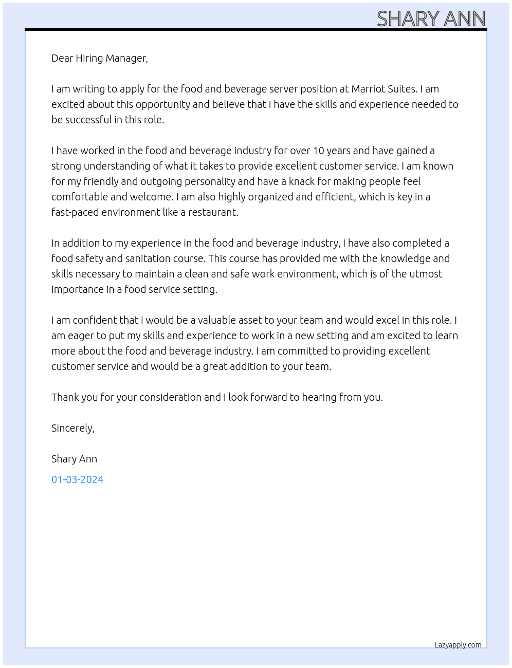 Food and Beverage Server At Marriot Suites Cover Letter