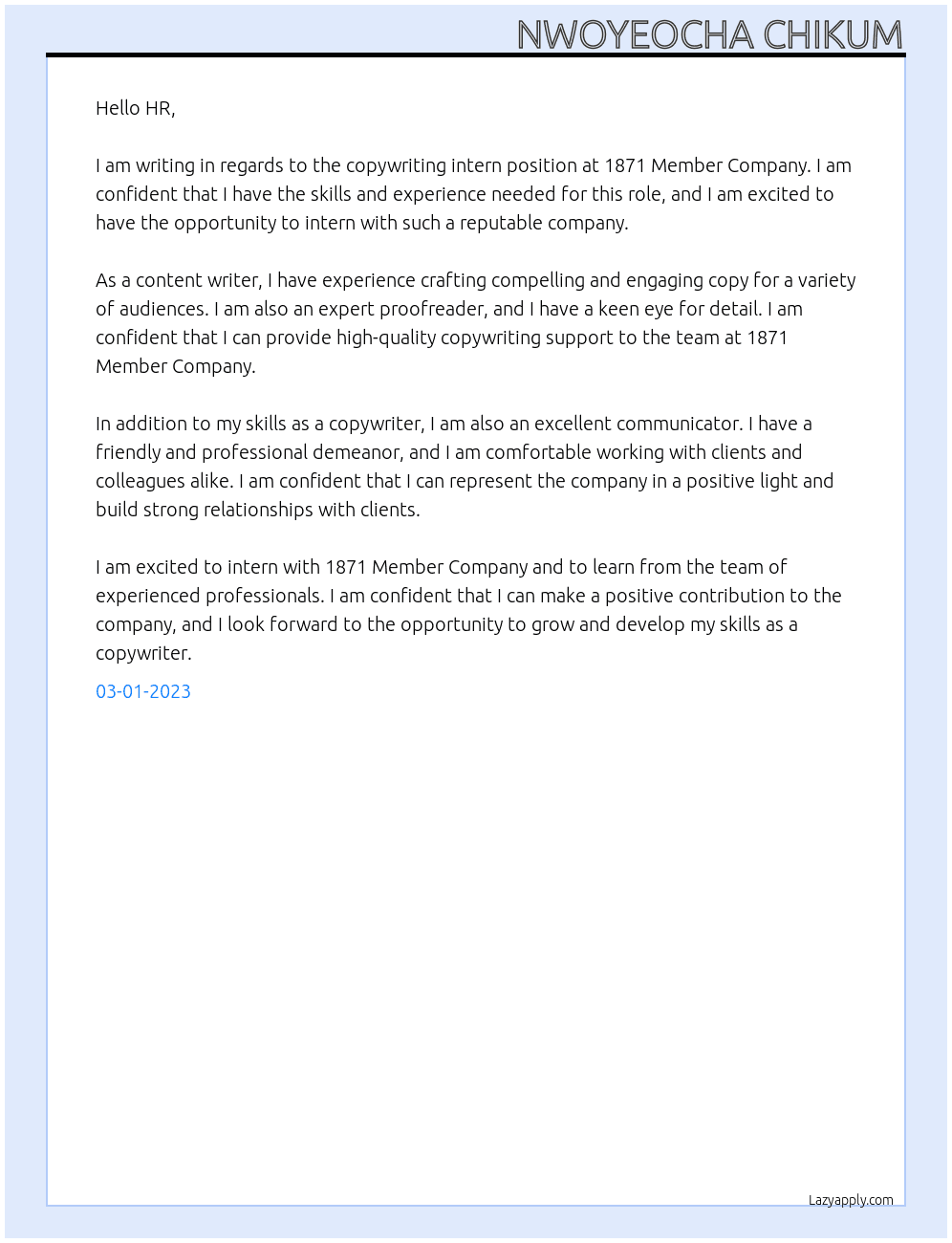 Copywriting intern At 1871 Member Company Cover Letter