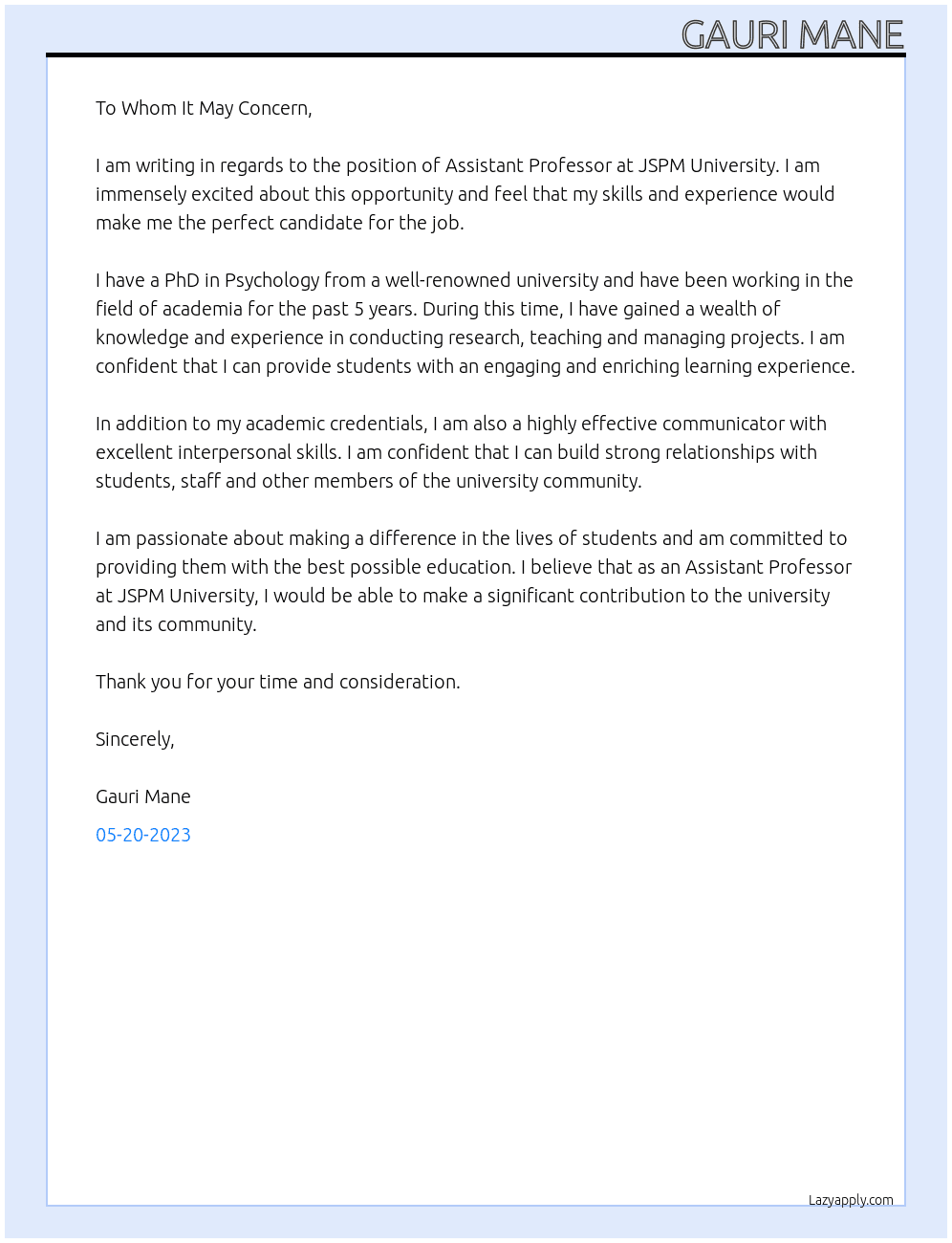 Assistant Professor At JSPM University Cover Letter