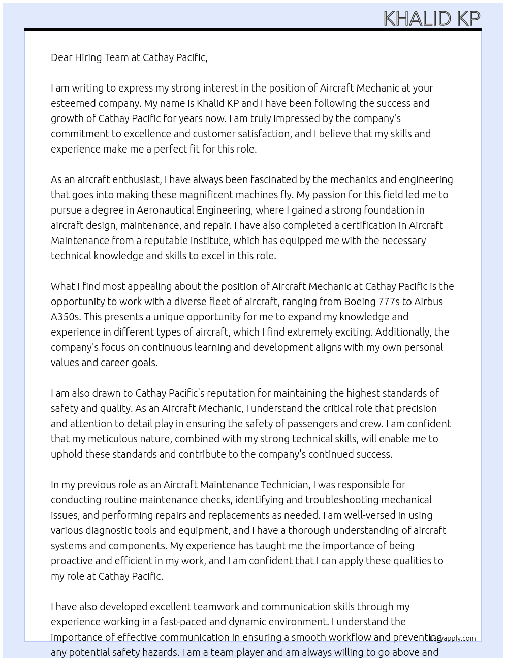 Aircraft mechanic At Cathay Pacific  Cover Letter