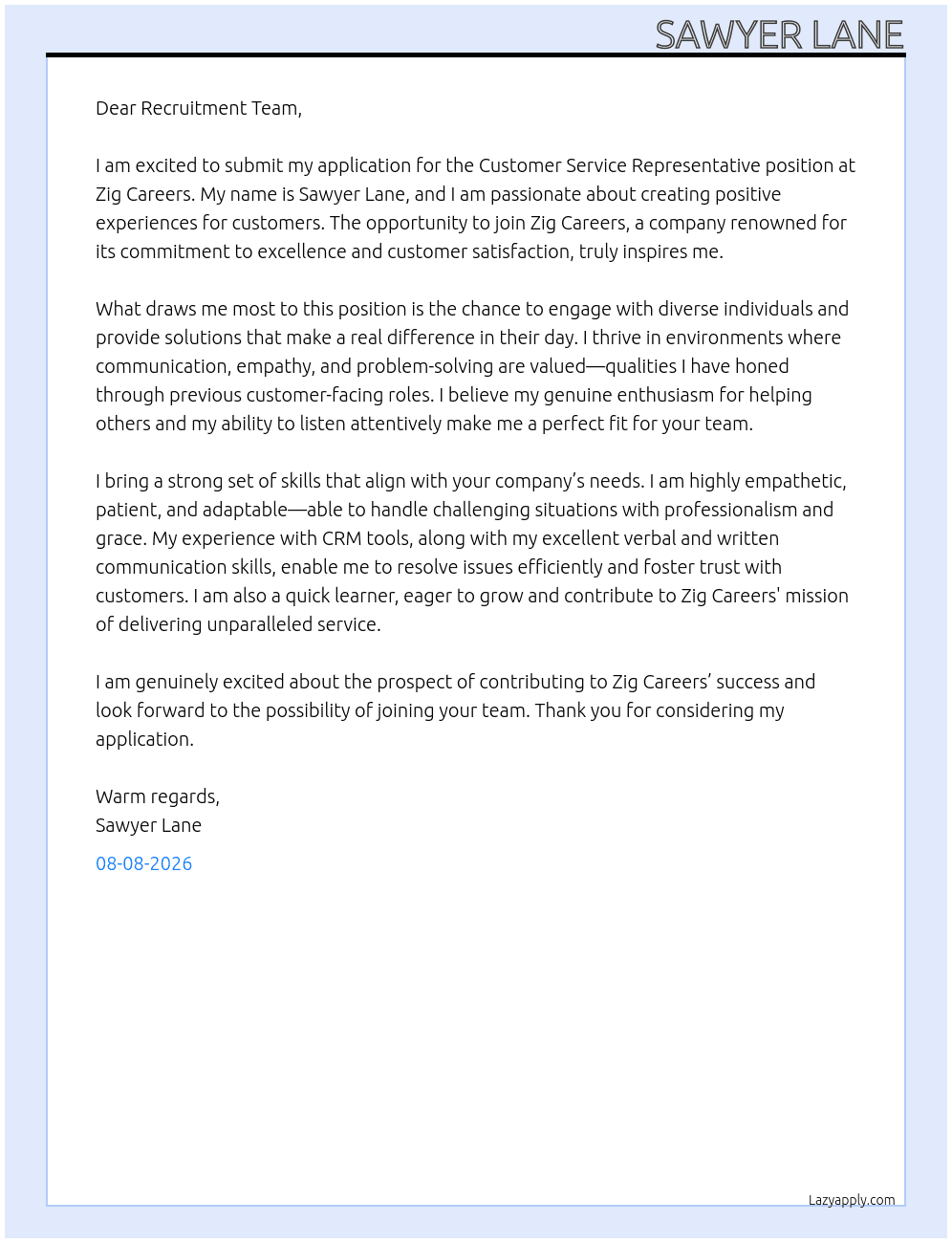 Cover letter for customer service representative - LazyApply