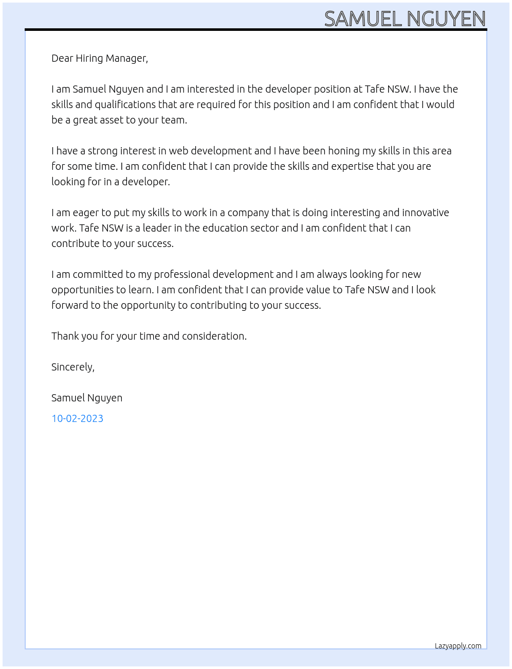Developer At Tafe NSW Cover Letter