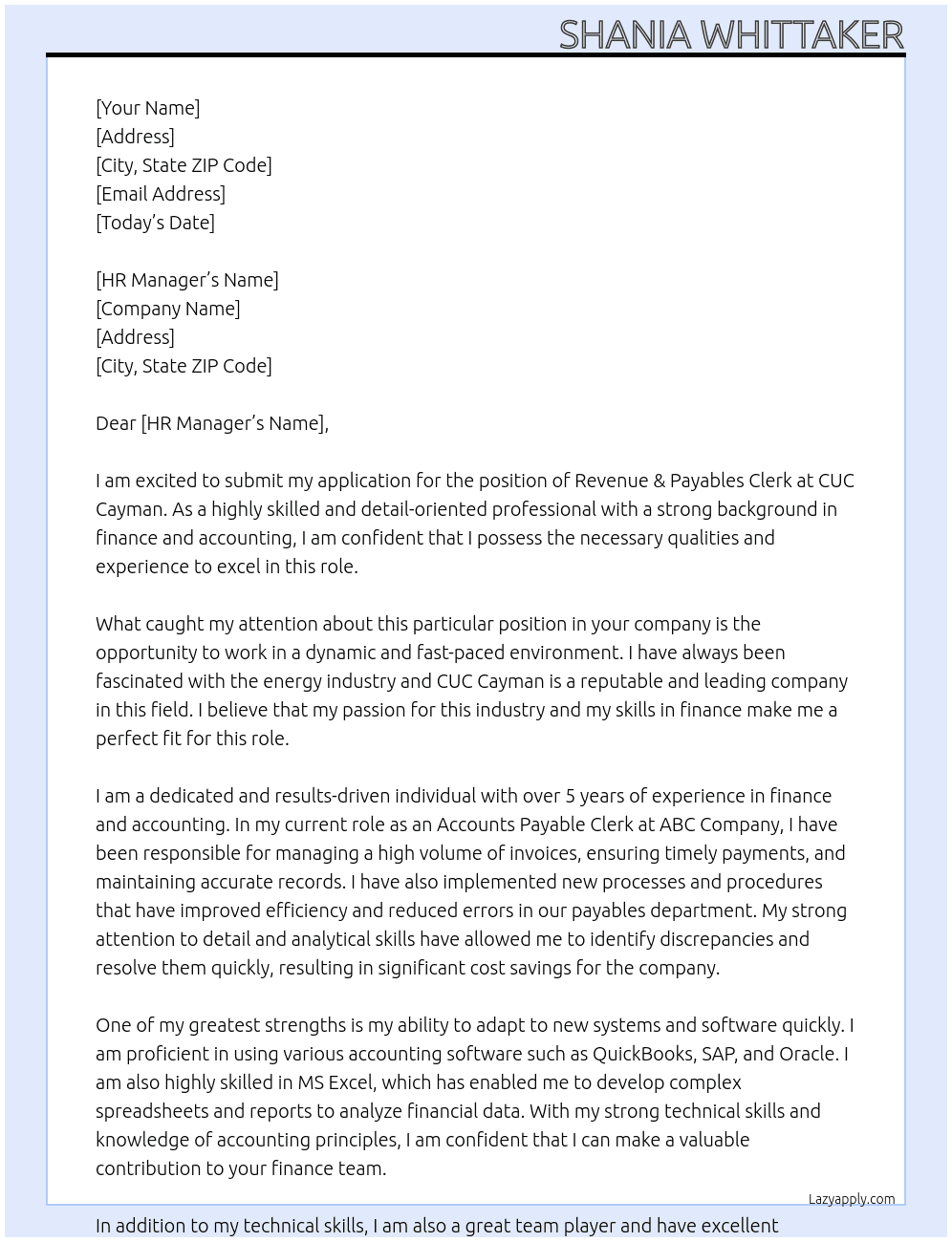Revenue & Payables Clerk At CUC Cayman  Cover Letter