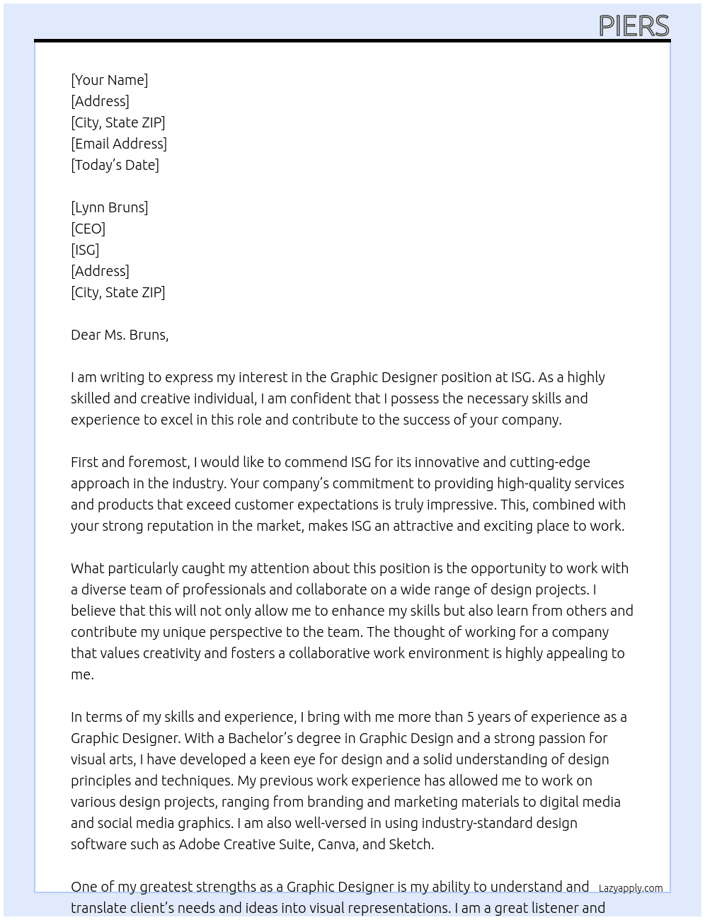 Graphic Designer At ISG Cover Letter