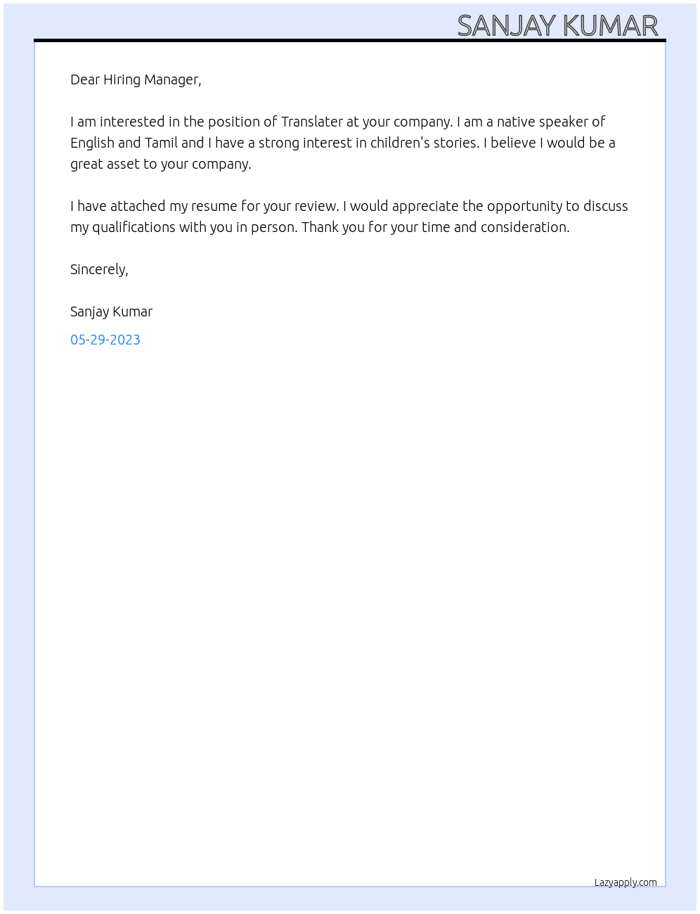 Translater  At Children story teller  Cover Letter