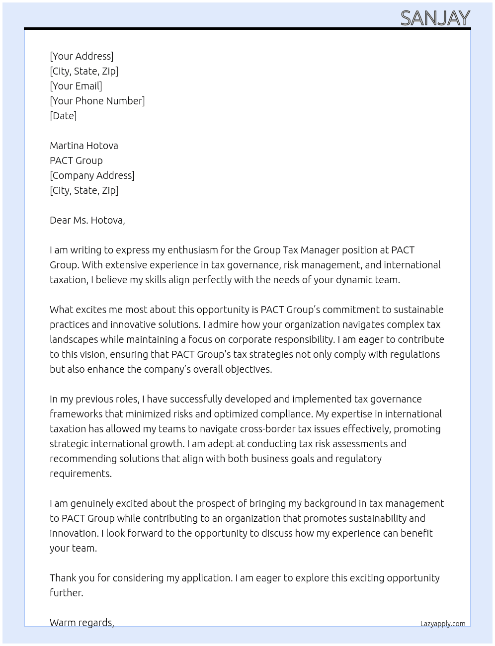 Group Tax Manager At PACT Group Cover Letter