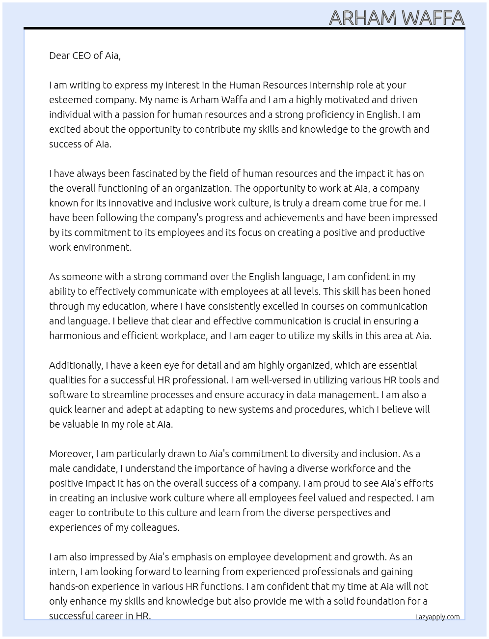 Human Resources  At Aia  Cover Letter