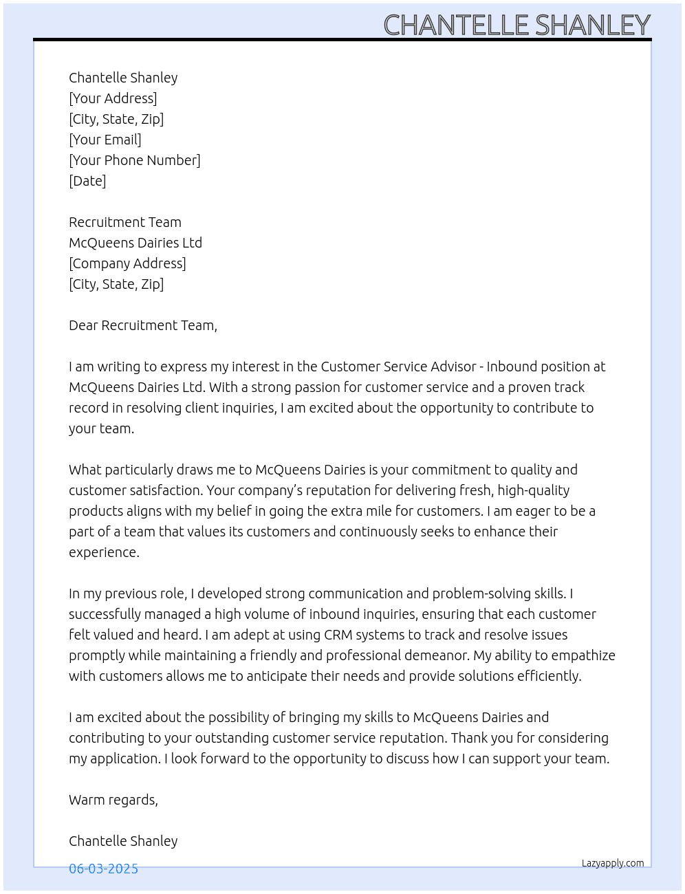 Customer Service Advisor - Inbound - Head Office At McQueens Dairies Ltd Cover Letter