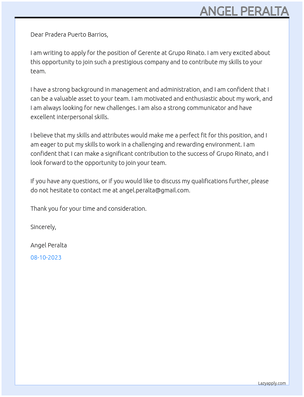 Gerente At Grupo Rinato Cover Letter
