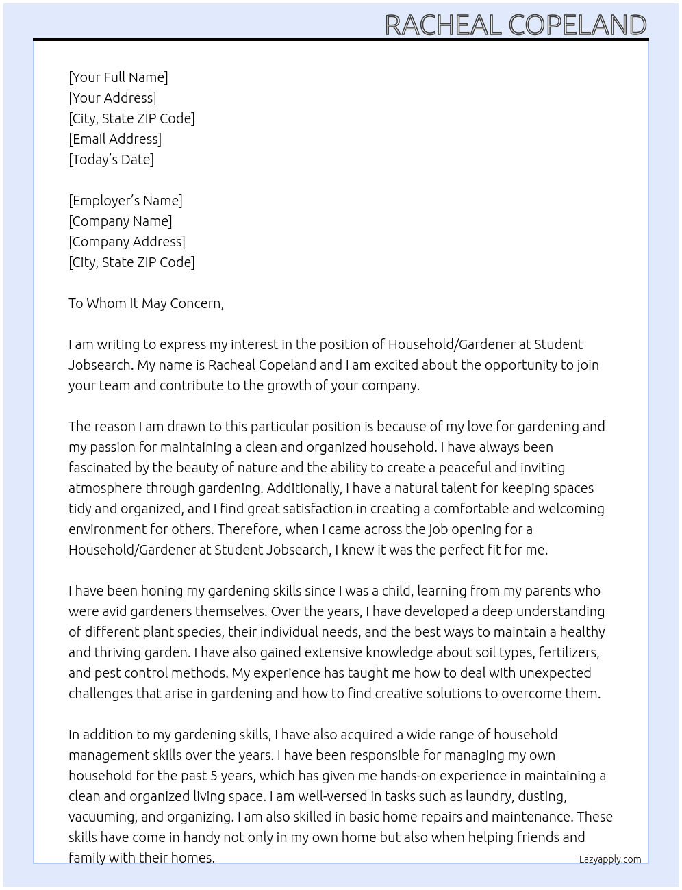 household/gardener At student jobsearch Cover Letter