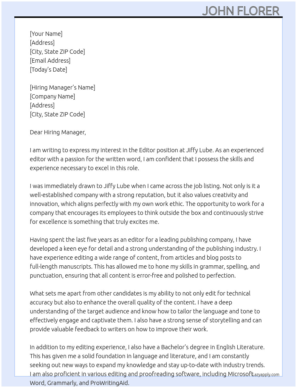 Editor At Jiffy Lube Cover Letter