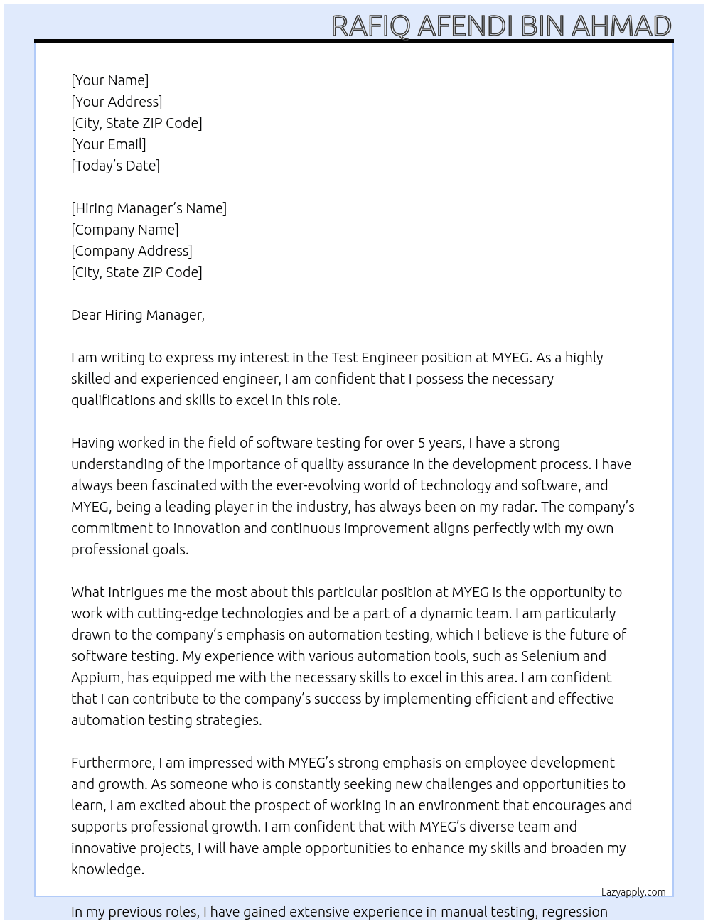 Test Engineer At MYEG Cover Letter