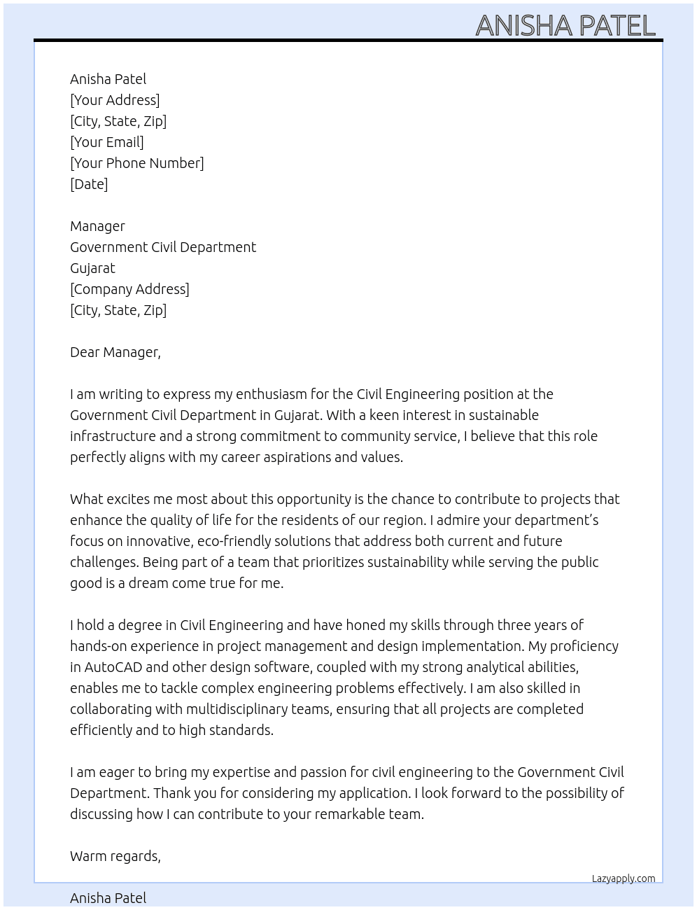 Civil Engineering  At Government civil department, Gujrat  Cover Letter