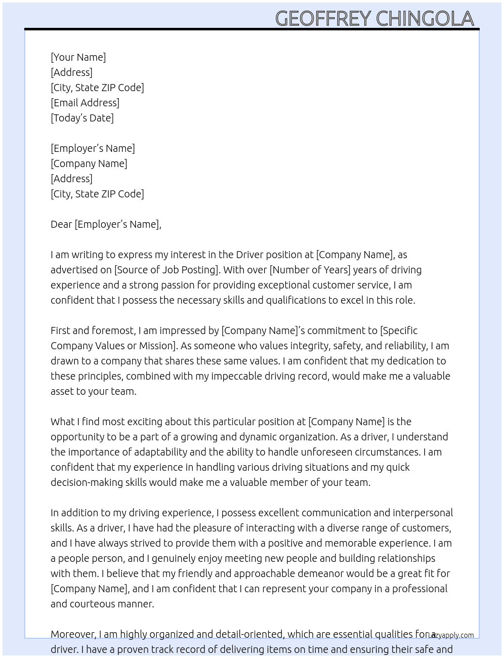 Driver  At Geoffrey chingola  Cover Letter