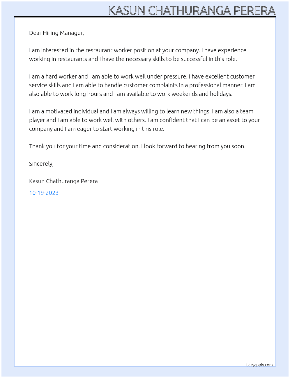 Restaurant Worker At your company Cover Letter